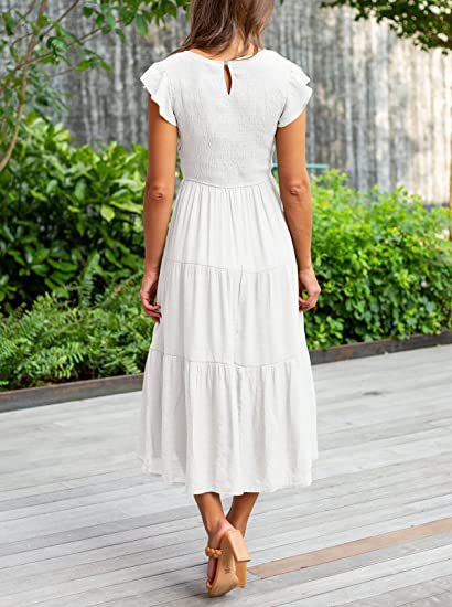 White Solid Flutter Sleeved And Tiered Dress