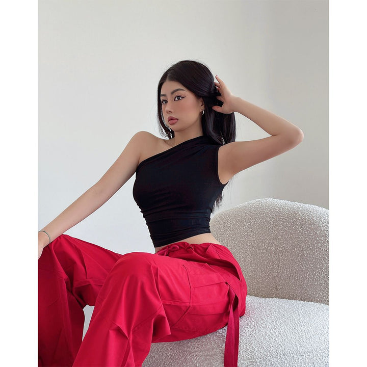 Black One Shoulder Ruched Tank