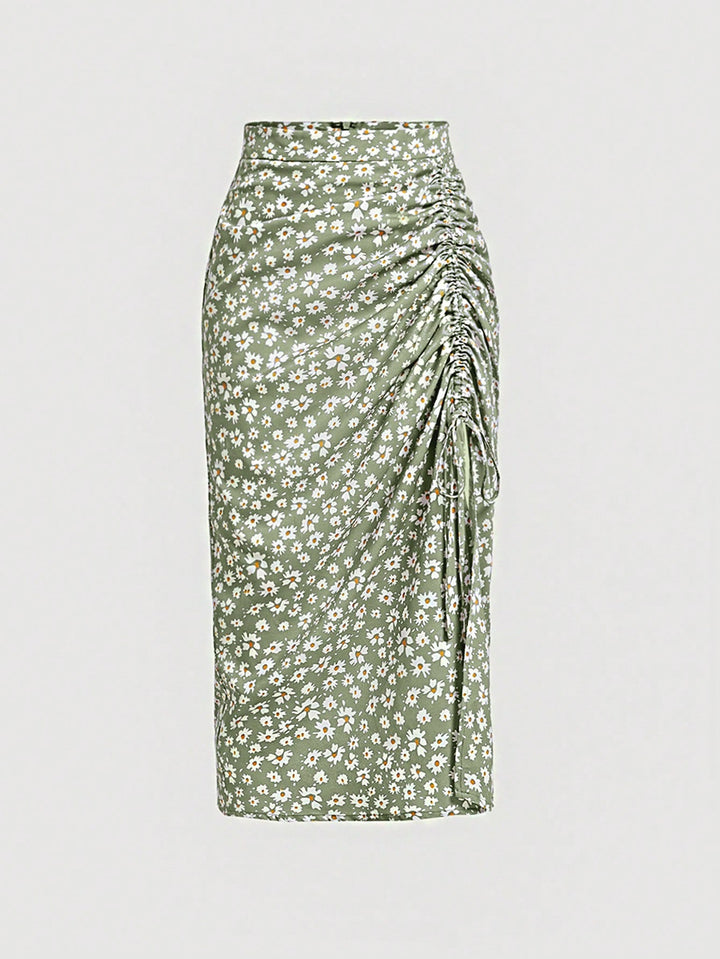 Green Printed Side Ruched Skirt