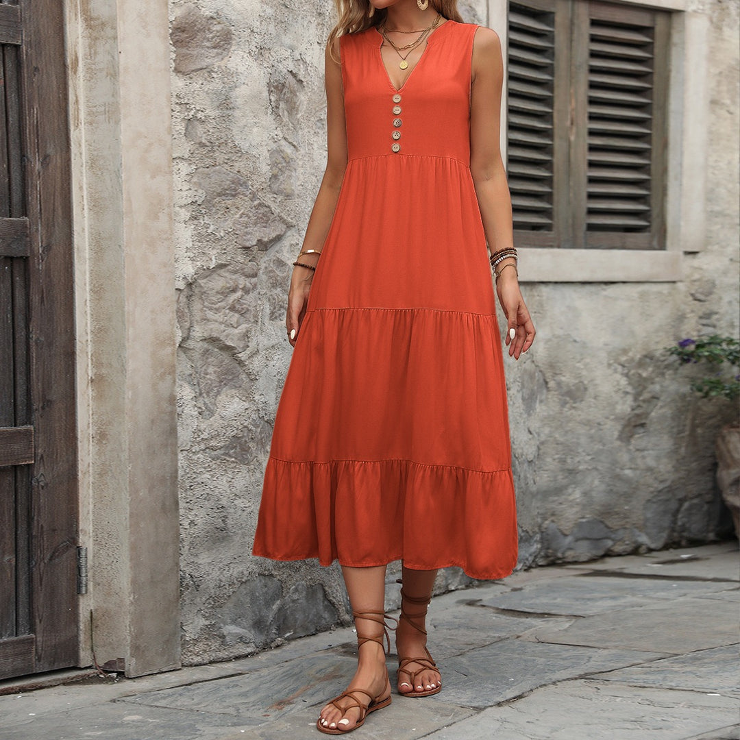 Orange V-Neck Sleeveless Midi Dress
