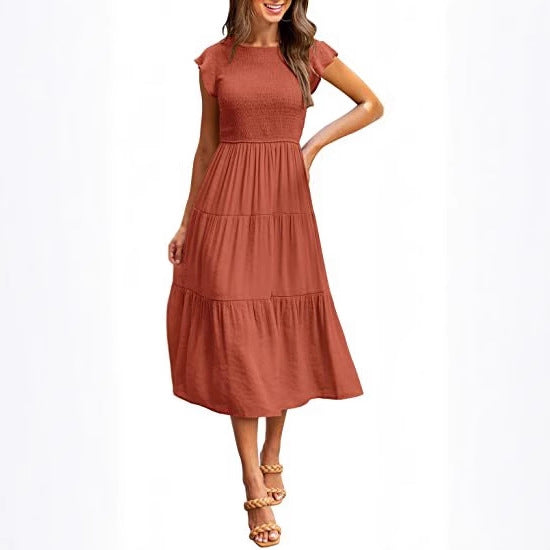 Rust Solid Flutter Sleeved And Tiered Dress