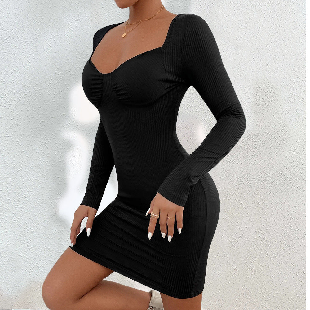 Black Full Sleeved Scoop V-Neck Bodycon Dress