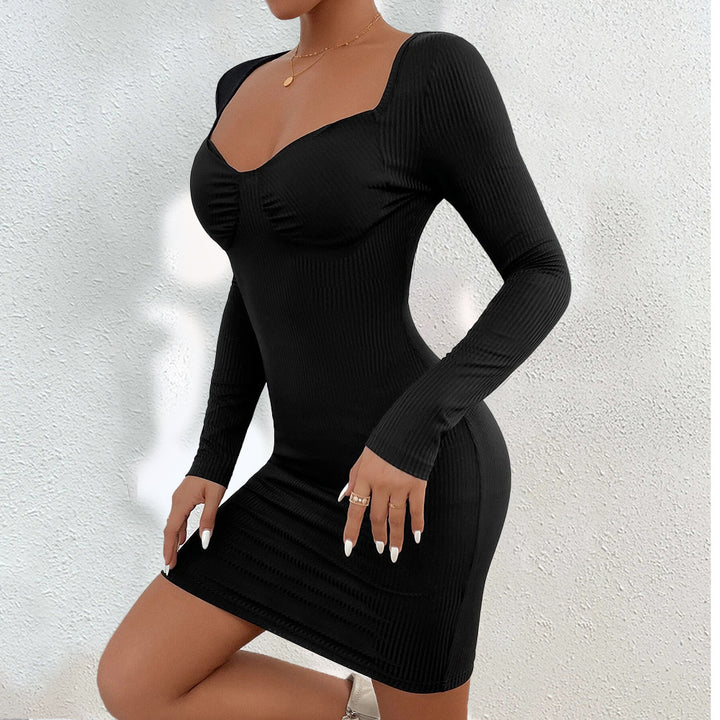 Black Full Sleeved Scoop V-Neck Bodycon Dress
