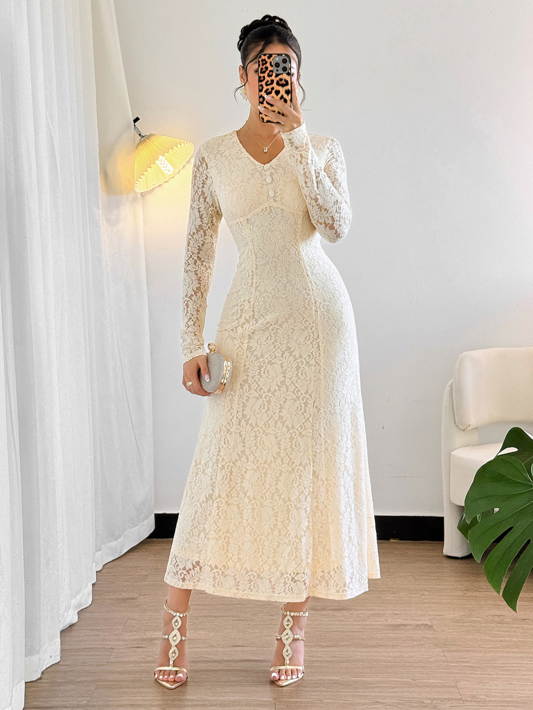 Off White Full Sleeve Textured Dress