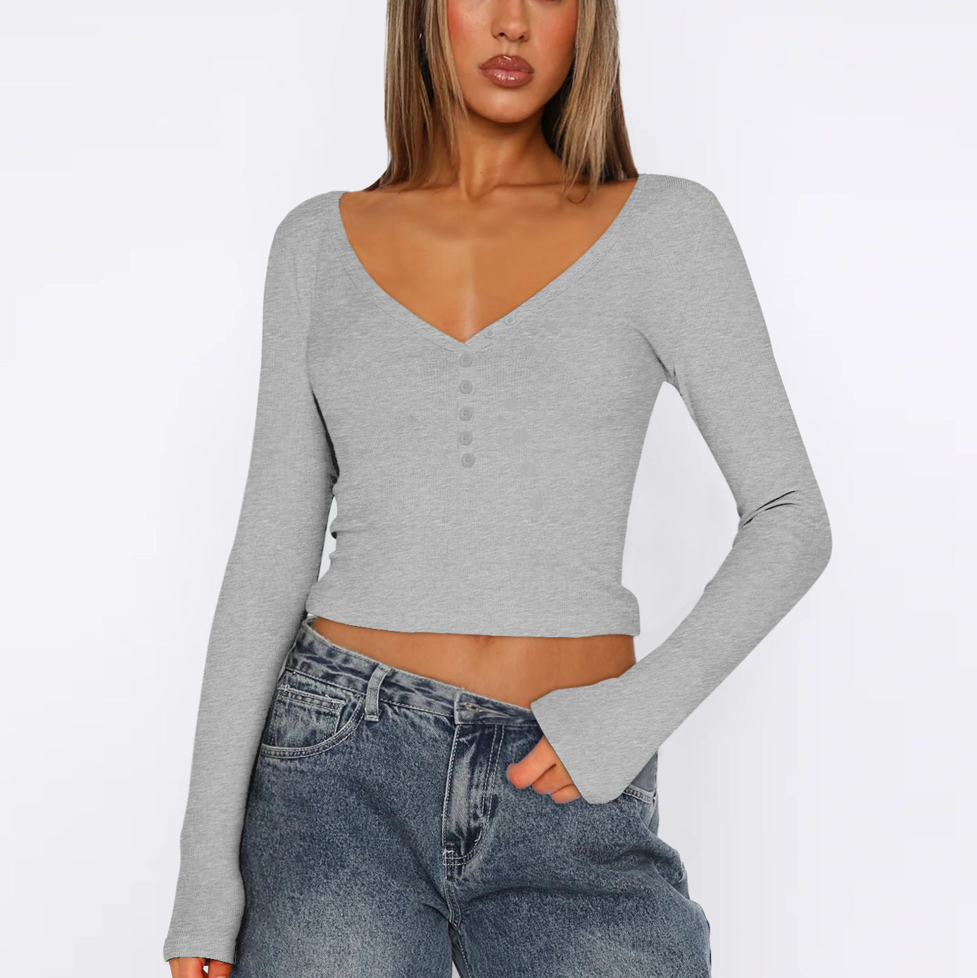 Grey Buttoned Down V Neck Top
