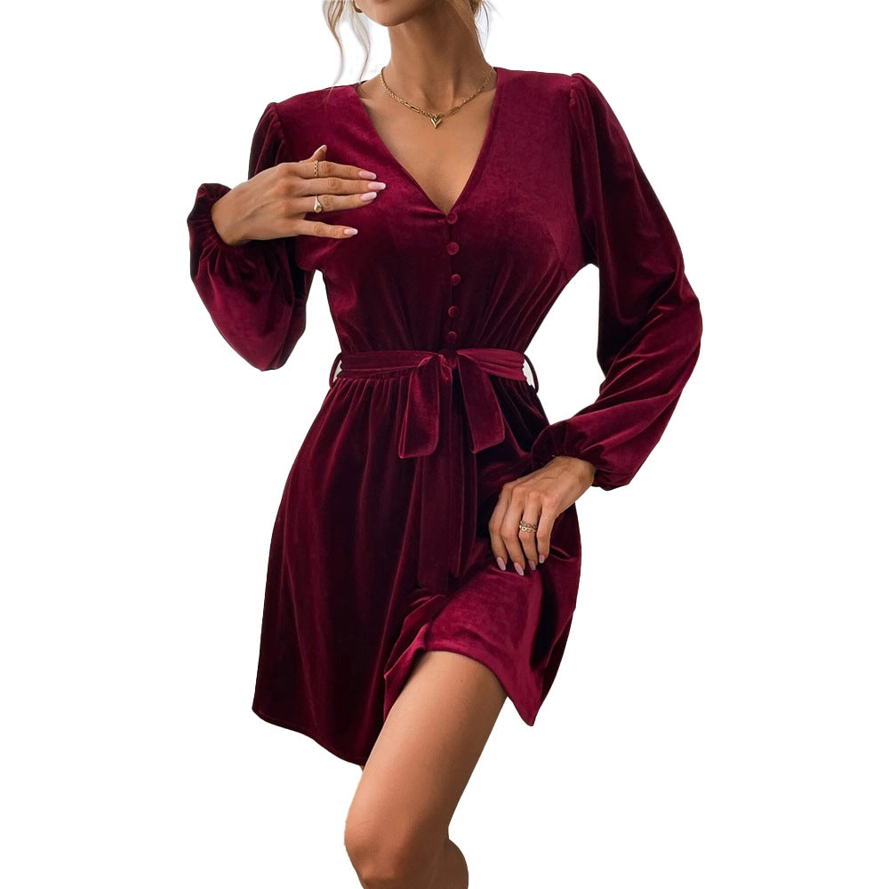 Burgundy V Neck Button Up Velour Dress With Tie Up