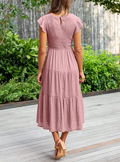 Pink Solid Flutter Sleeved And Tiered Dress