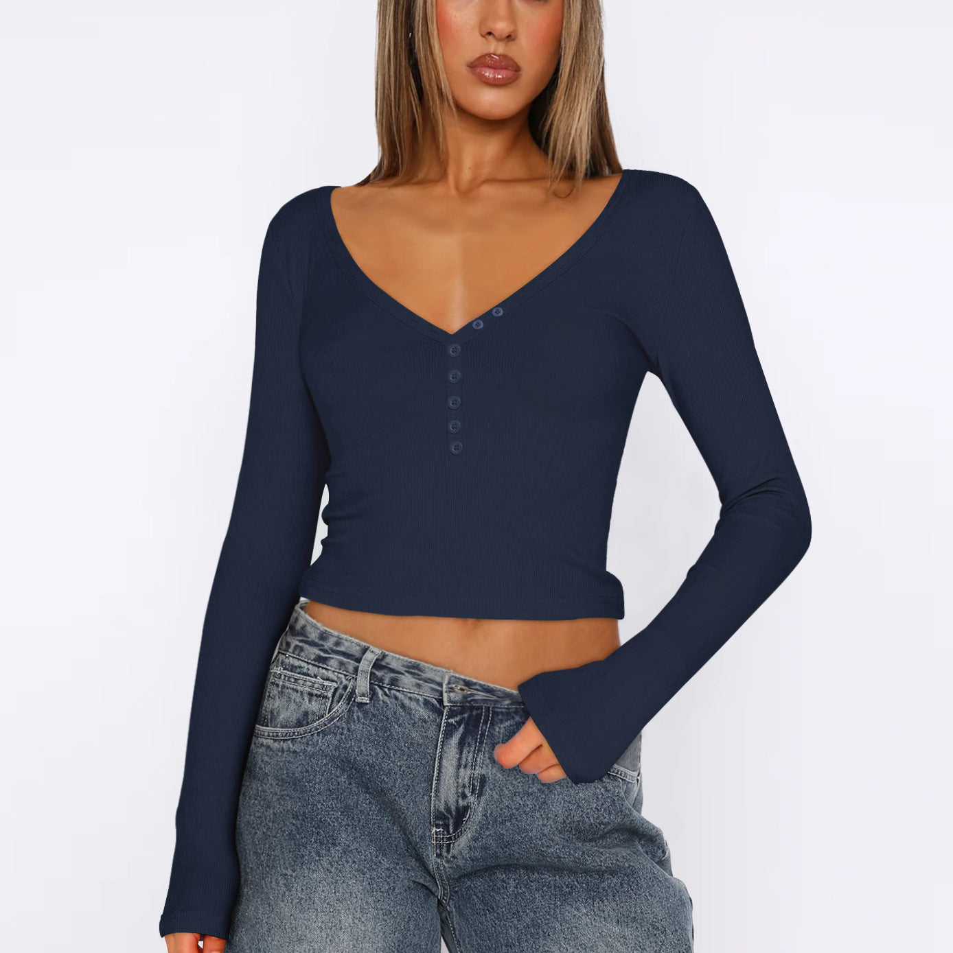 Blue Buttoned Down V Neck Top