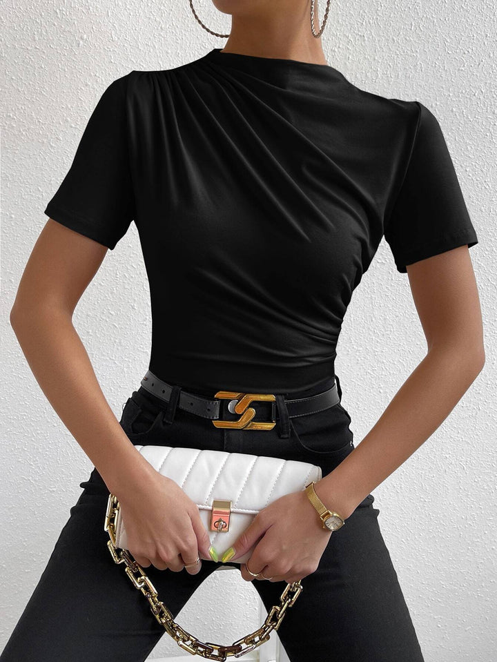 Black High Neck Ruched Knit Top