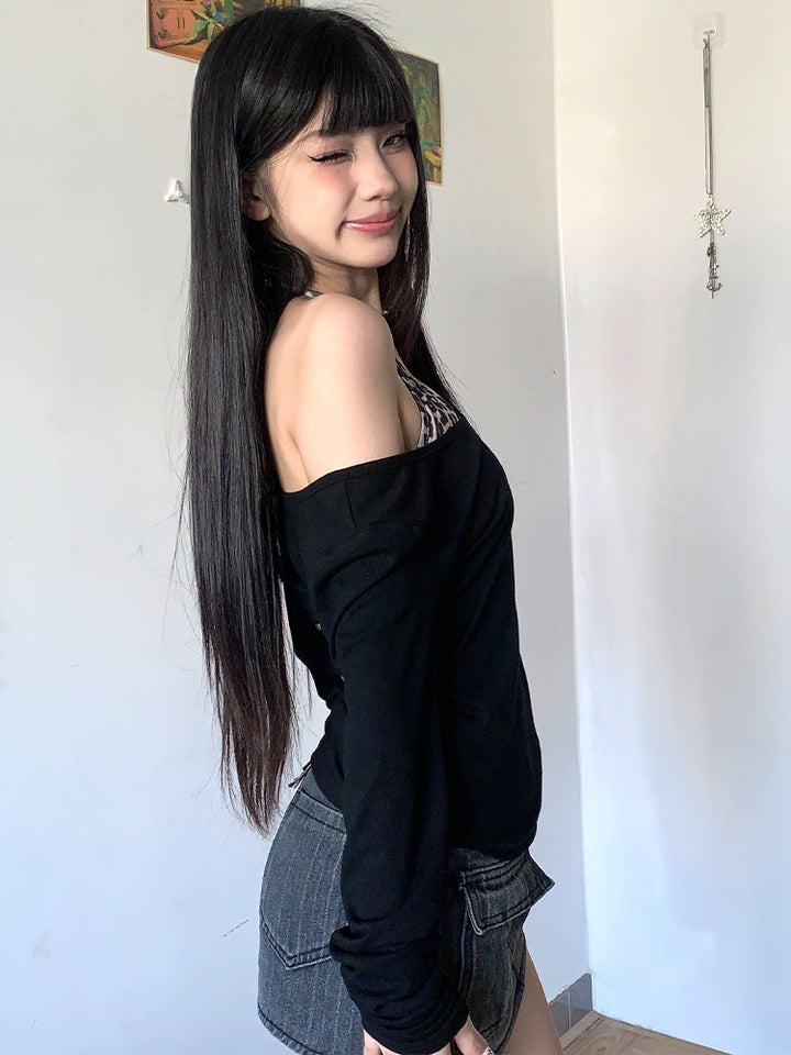 Black Off Shoulder Full Sleeves Slim Top