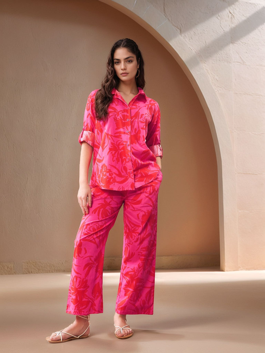 Magenta Folded Sleeve Collared Printed Shirt