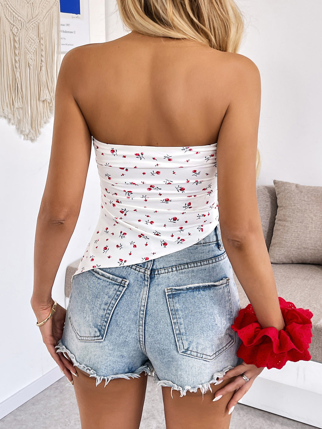 Red Printed Side Ruched Top