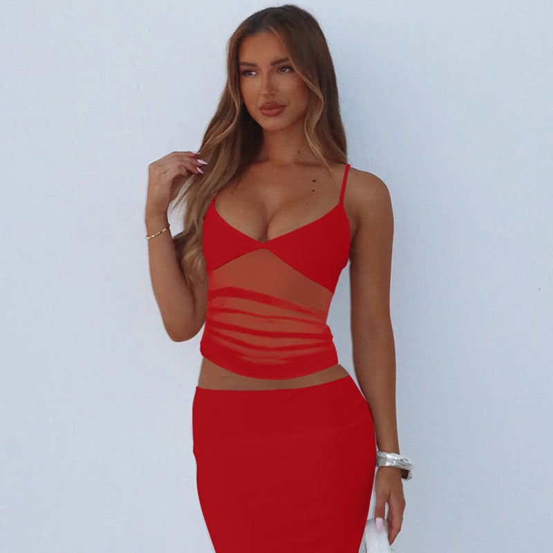 Red Spaghetti Strap Mesh Camisole