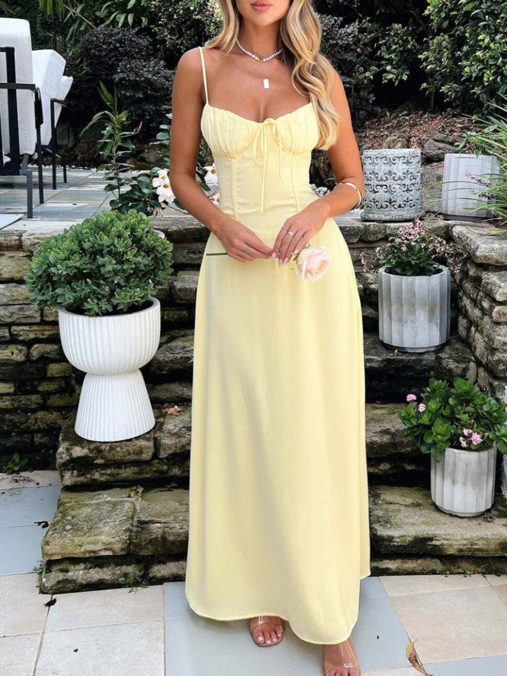 Yellow Cinched Waist Solid Fit & Flare Maxi
