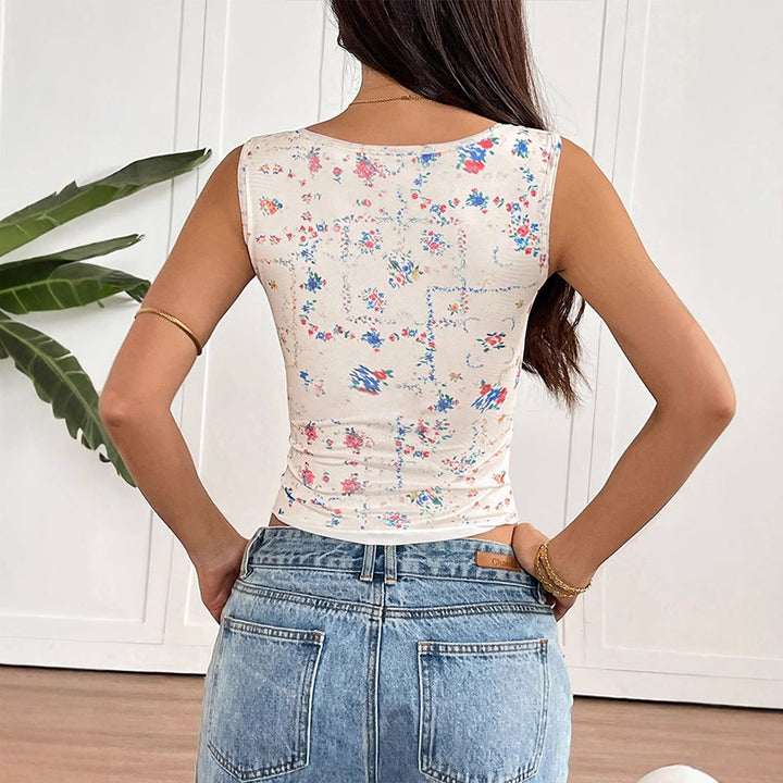 Multi Square Neck Printed Ruched Top