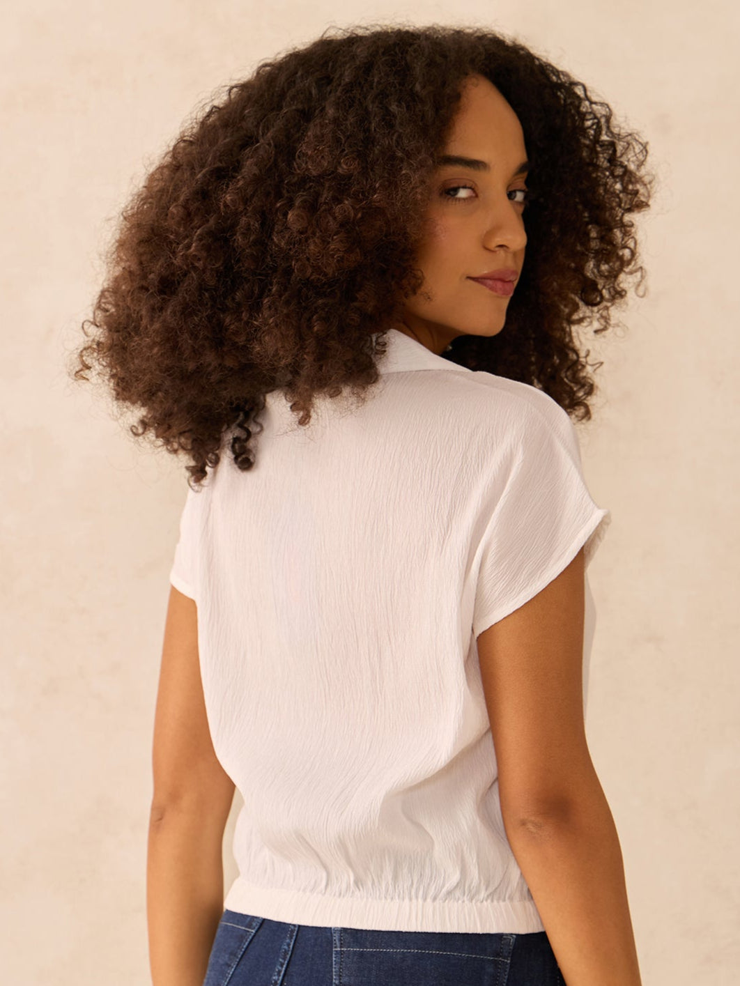 White Cropped Boxy Shirt With Waist Elastic