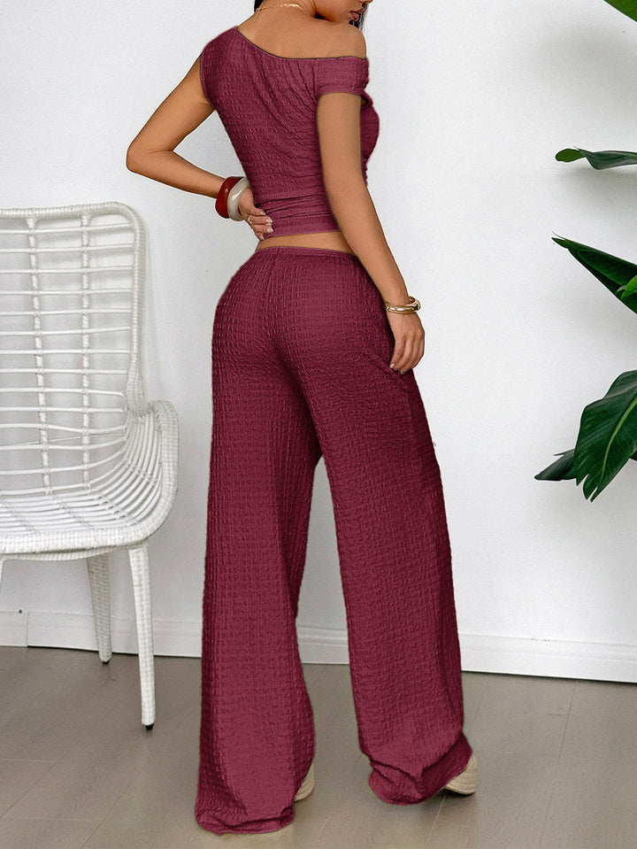 Maroon Textured Top And Pants Co-Ord Set