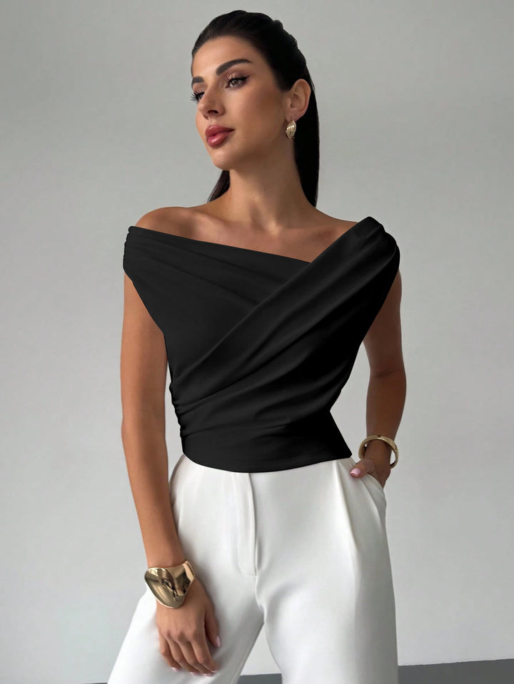 Black One Shoulder Wrap Top