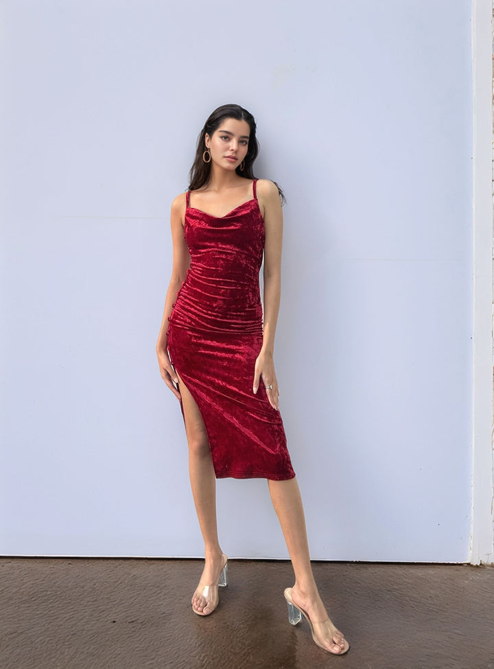 Wine Velour Side Slit Cowl Dress