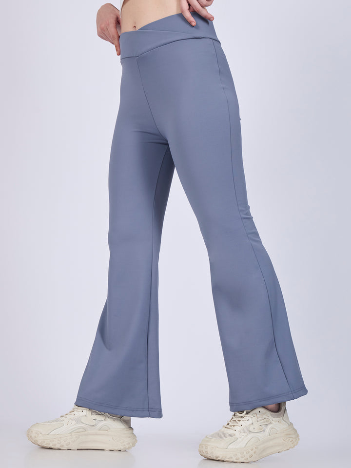 Grey Criss Cross Waist Band Flared Leggigns