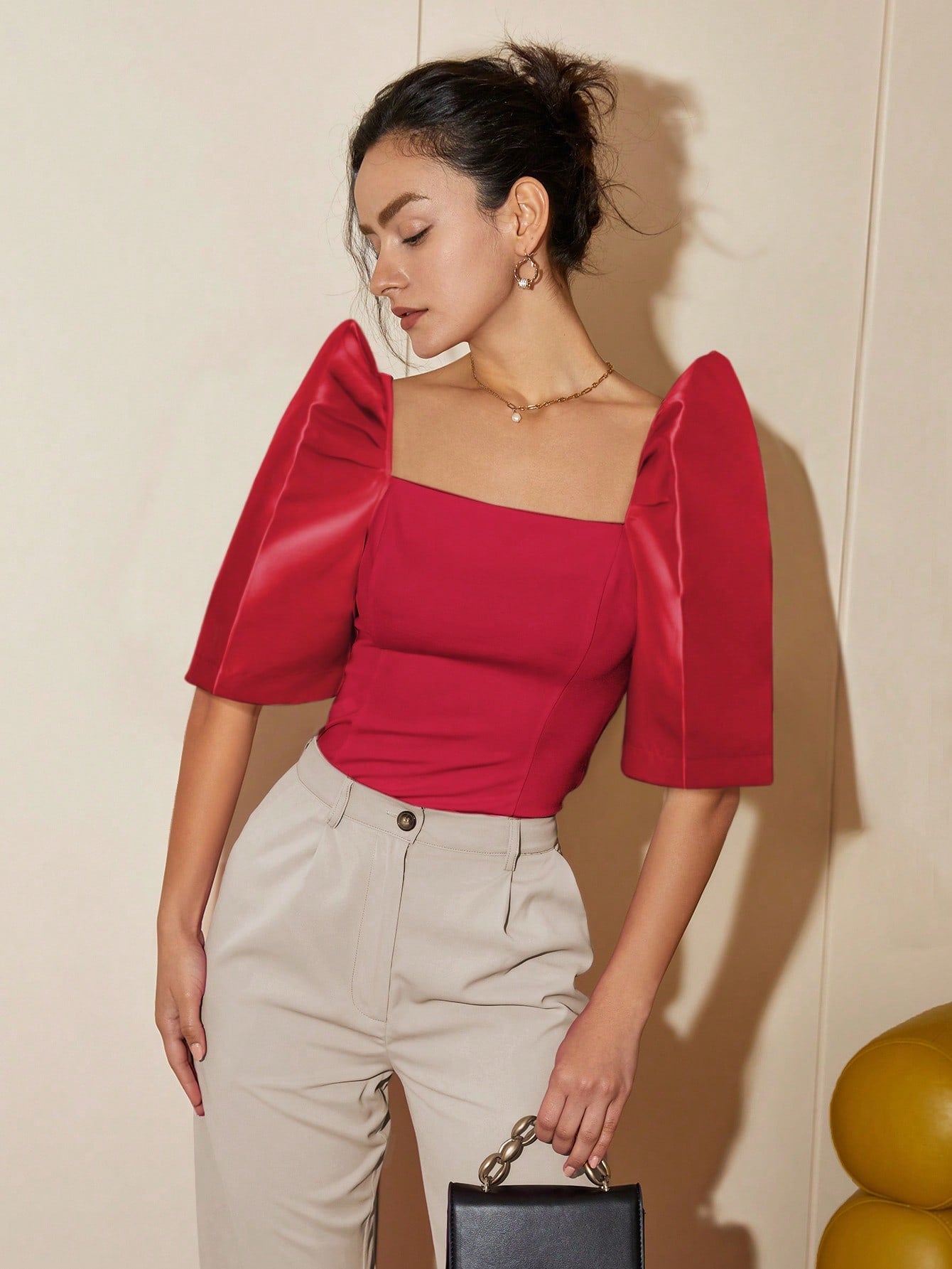 Red Puff Sleeve Square Neck Top