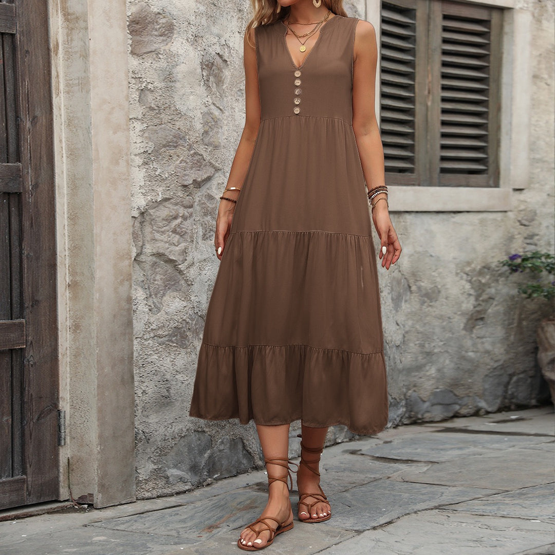 Brown V-Neck Sleeveless Midi Dress