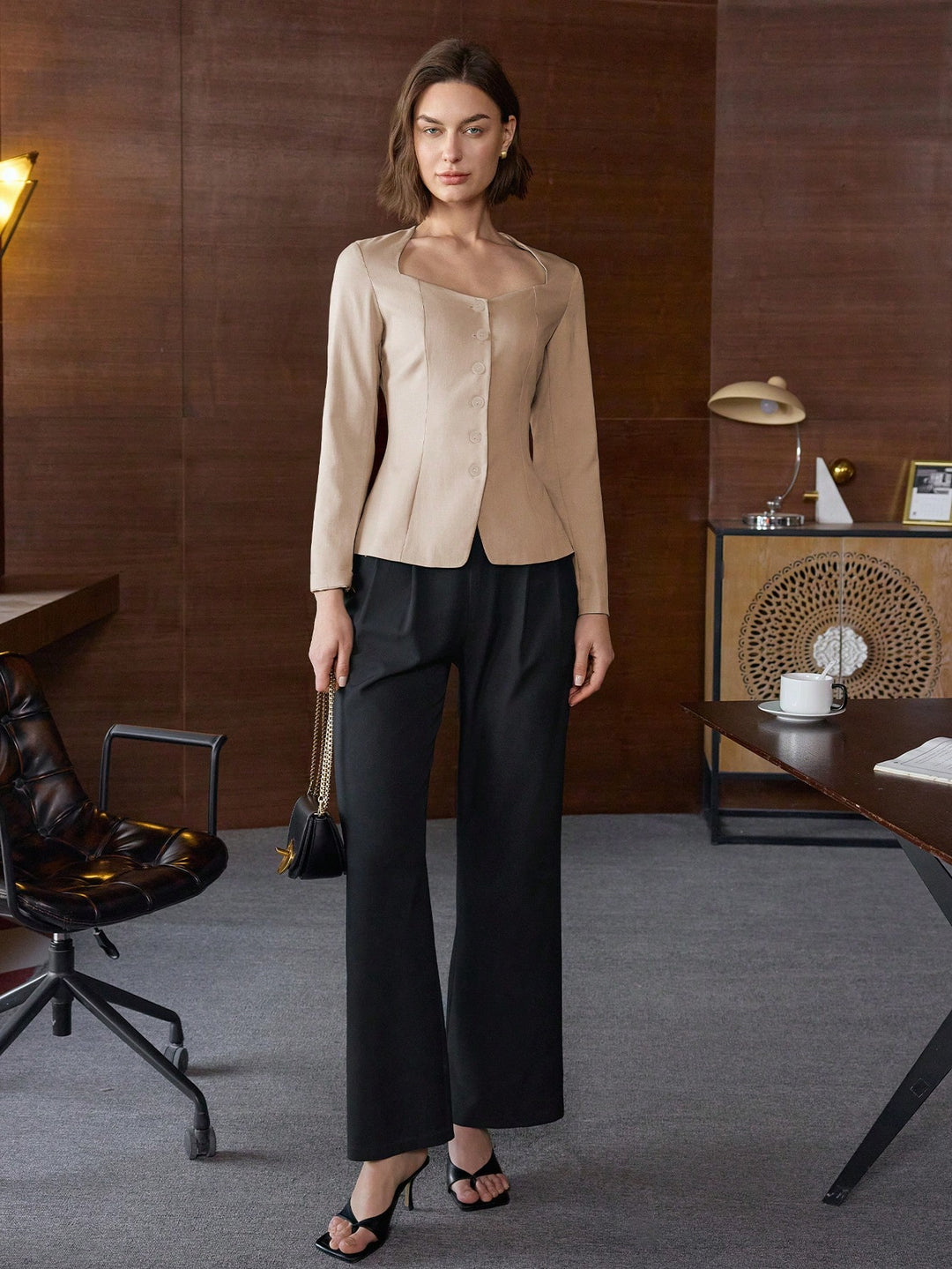 Beige Long Sleeve Front Button Top