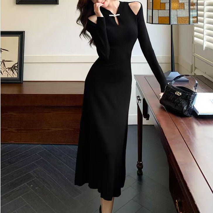 Black Fit And Flare Dress With Cut Out Shoulder