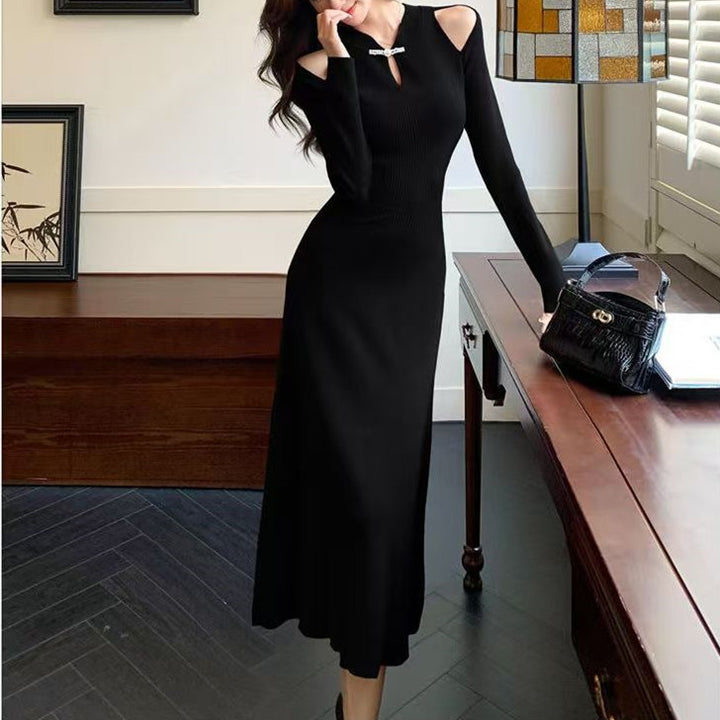 Black Fit And Flare Dress With Cut Out Shoulder