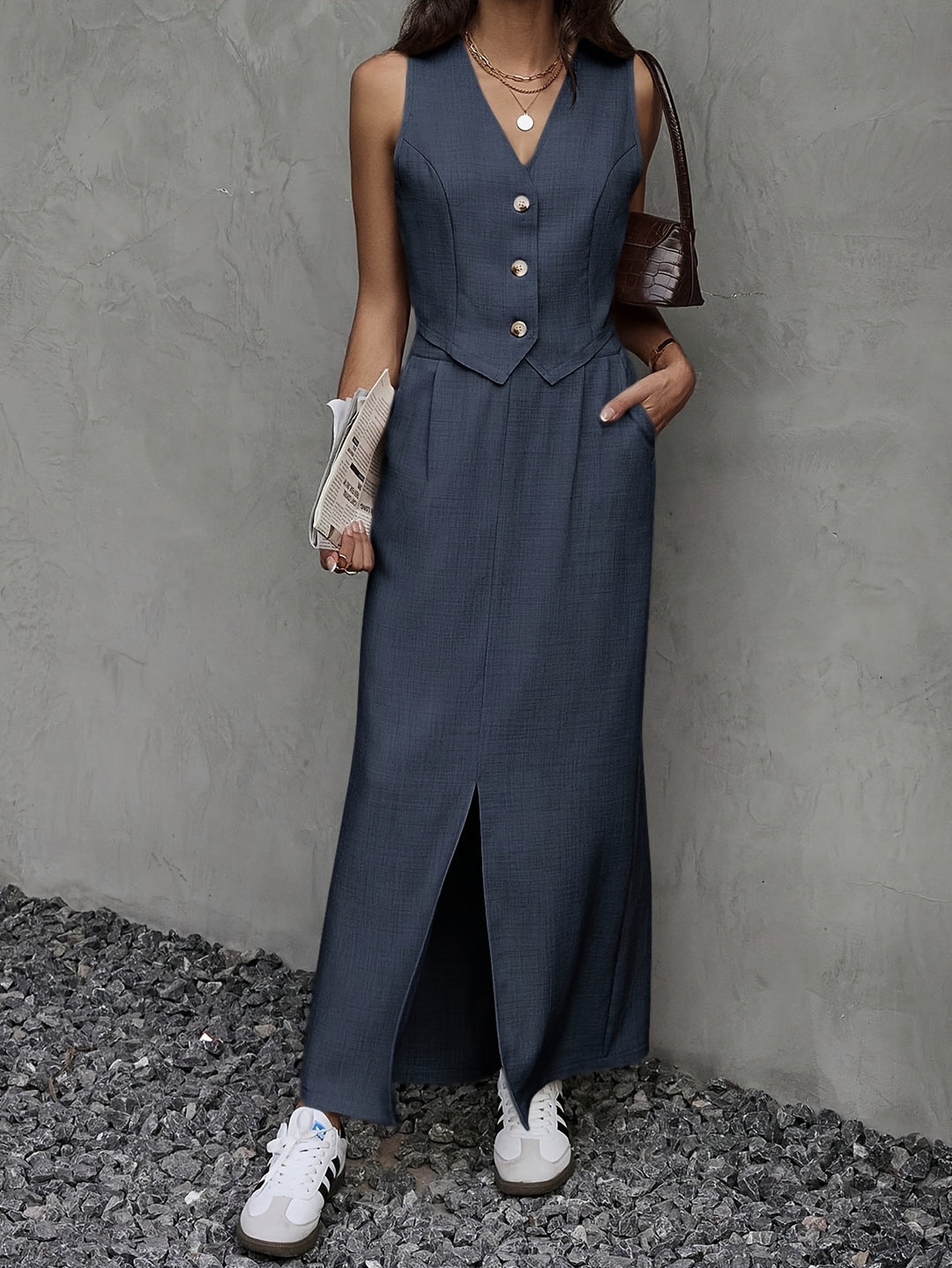 Grey Sleeveless Vest And Long Skirt Co-Ord Set