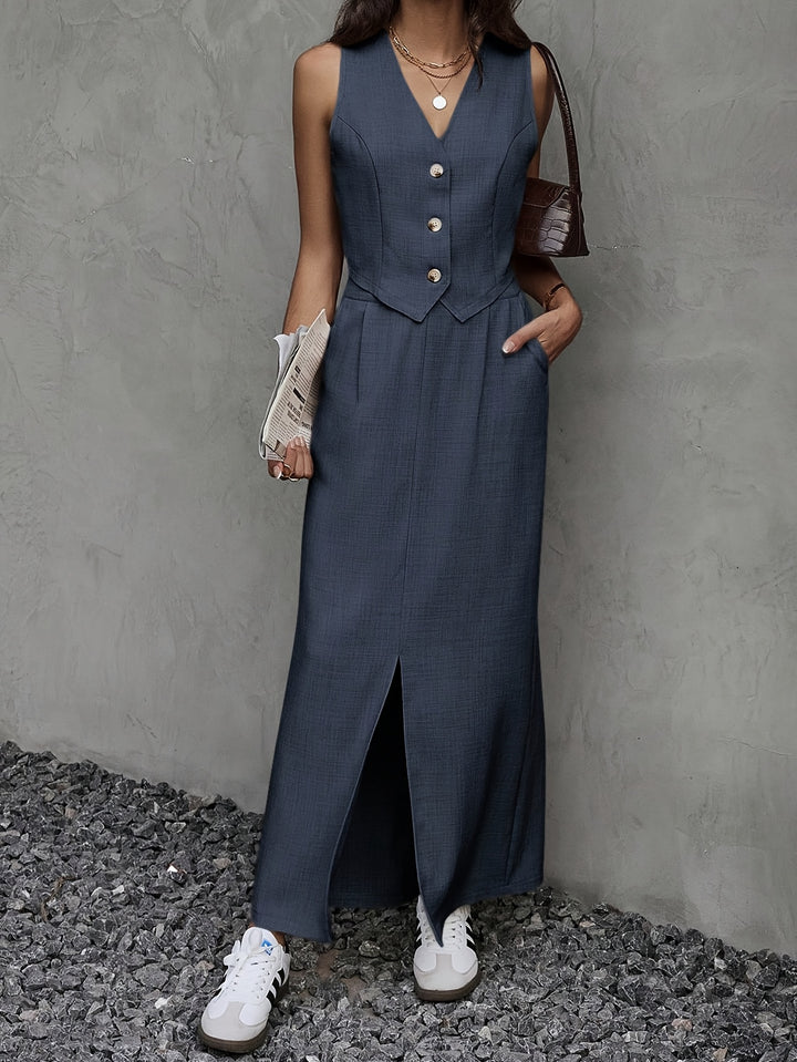 Grey Sleeveless Vest And Long Skirt Co-Ord Set