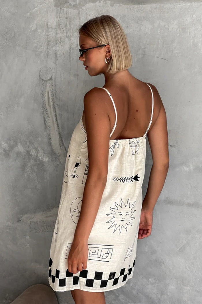 Black Shoulder Strap Abstract Printed Dress