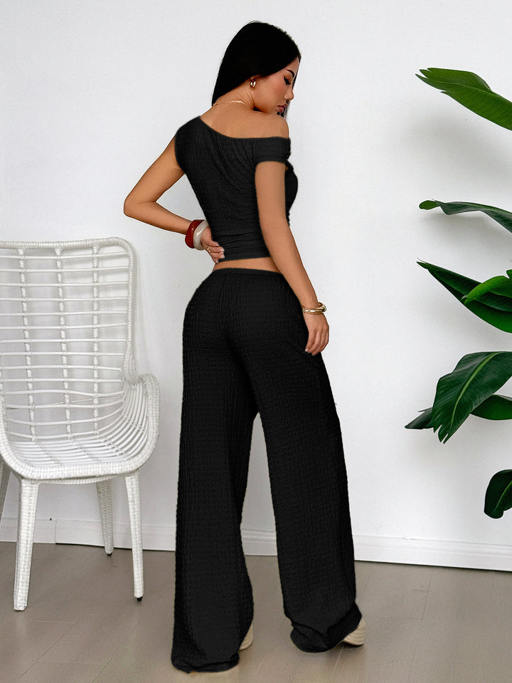Black Textured Top And Pants Co-Ord Set