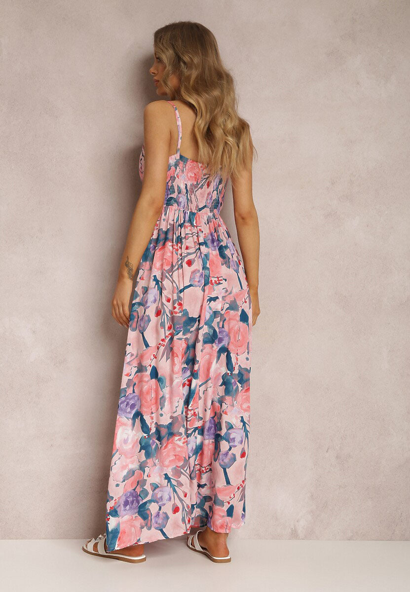 Pink Shoulder Strap V Neck Printed Dress