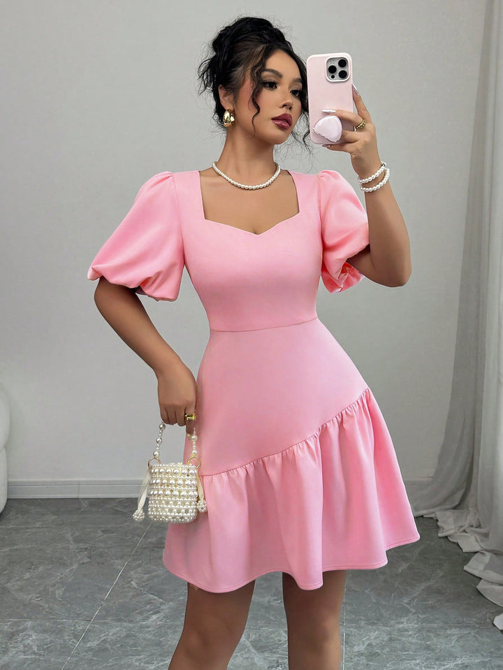 Pink Puff Sleeve Sweetheart Neck Dress
