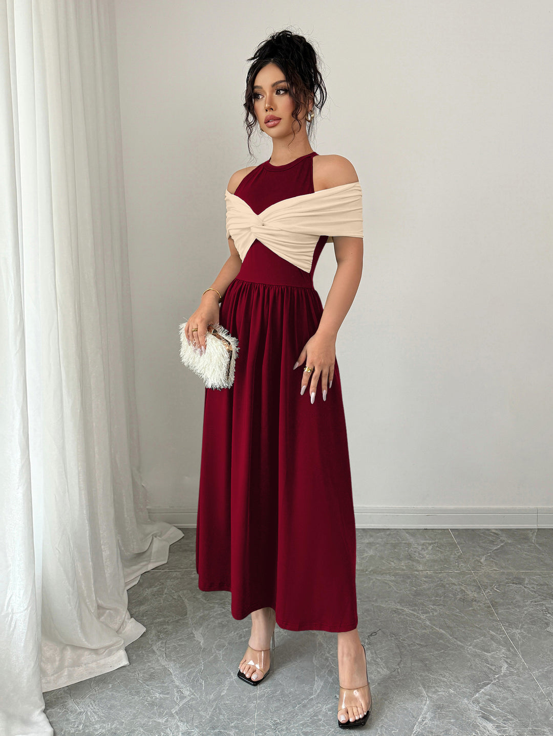 Maroon Twisted Contrast Off Shoulder Dress