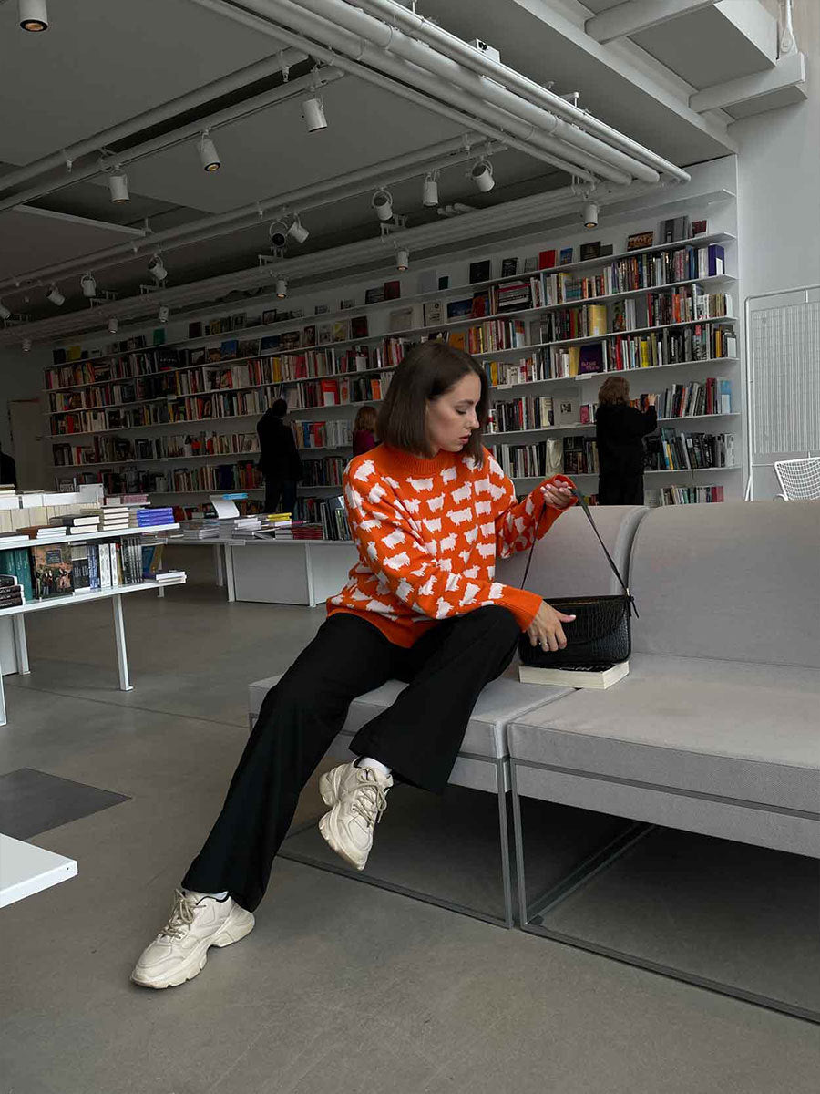 Red Printed Relaxed Sweater