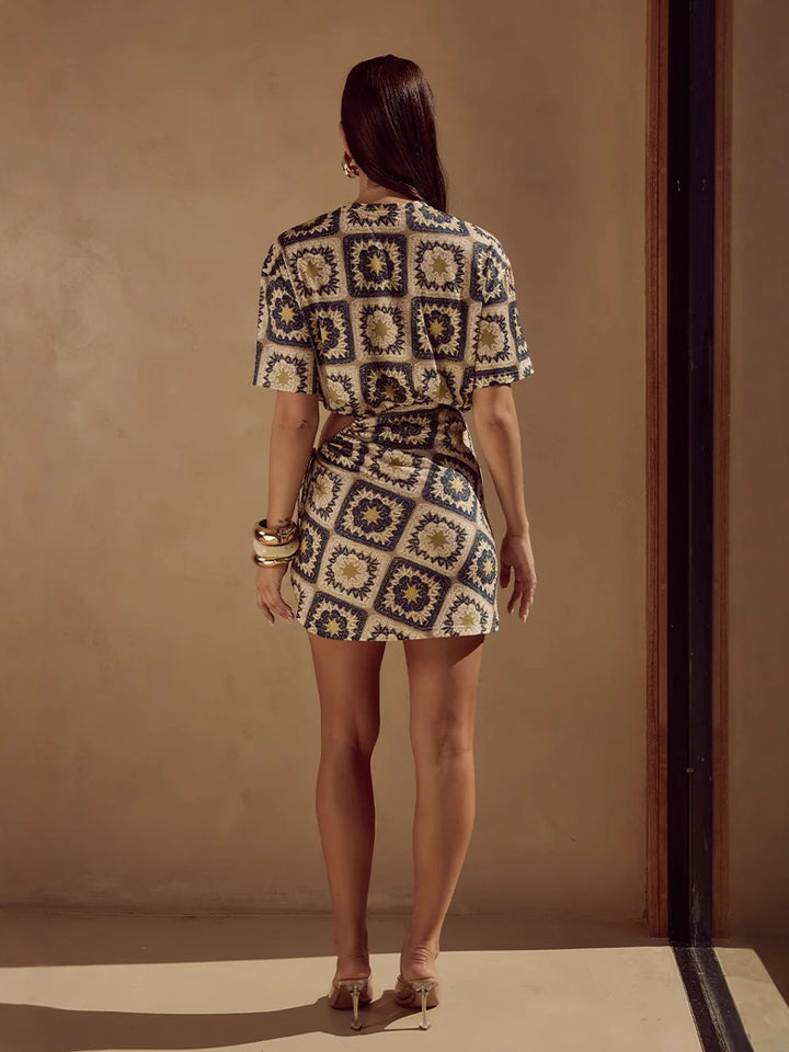 Beige Abstract Printed Waist Cut-Out Dress