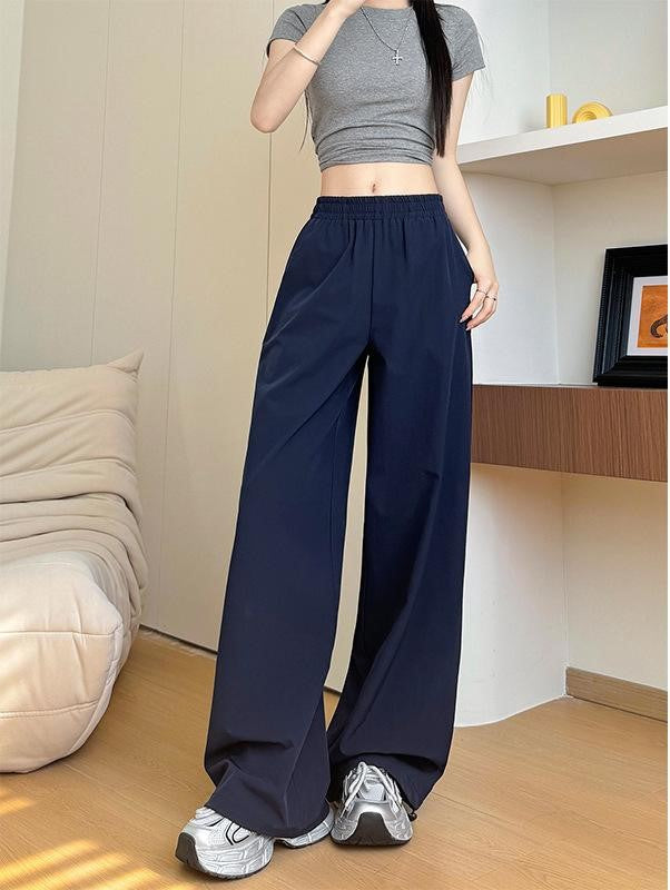 Navy Blue Wide Leg Solid Elasticated Joggers