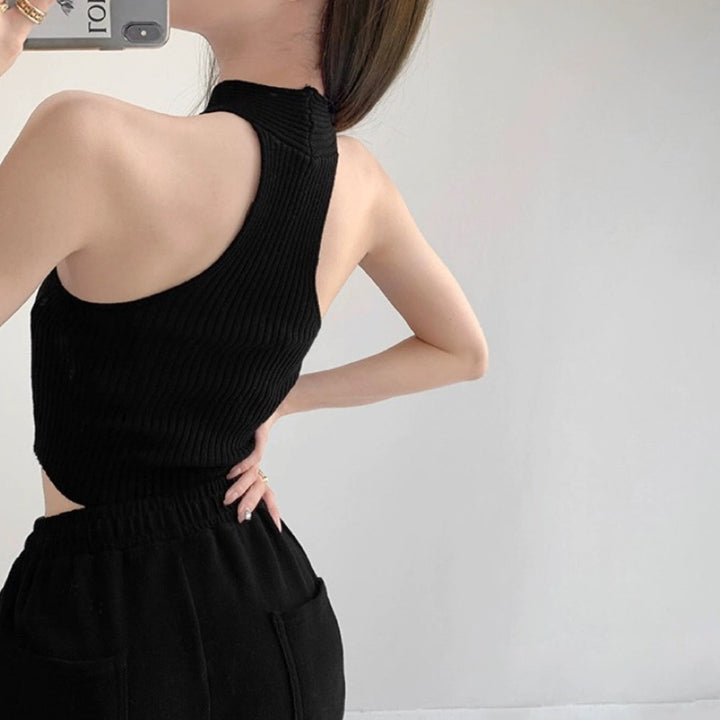 Black Halter Criss Cross Flat Knit Tank Top
