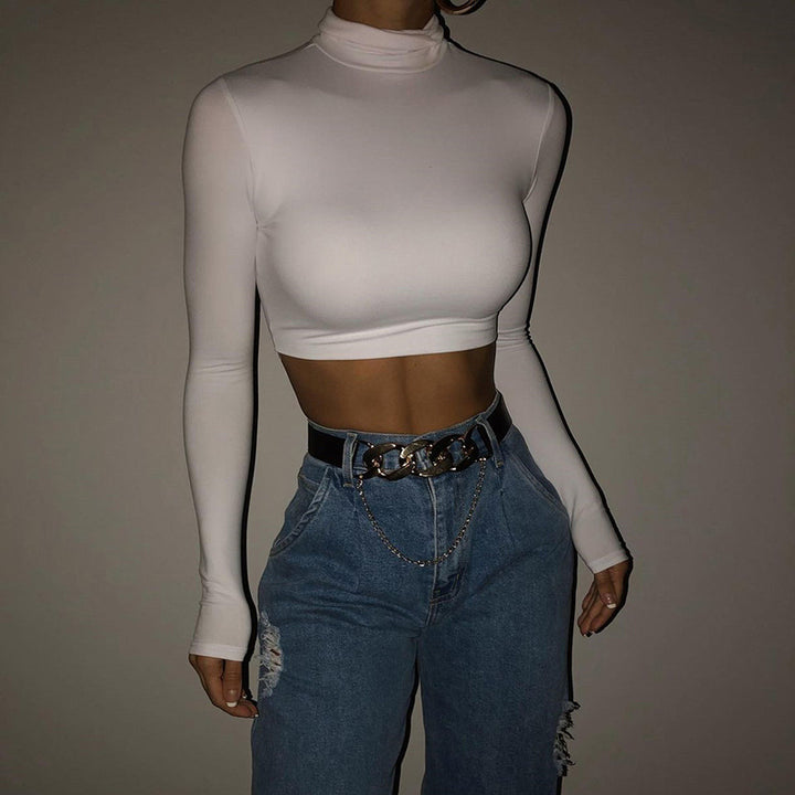 White High Neck Long Sleeve Crop Top