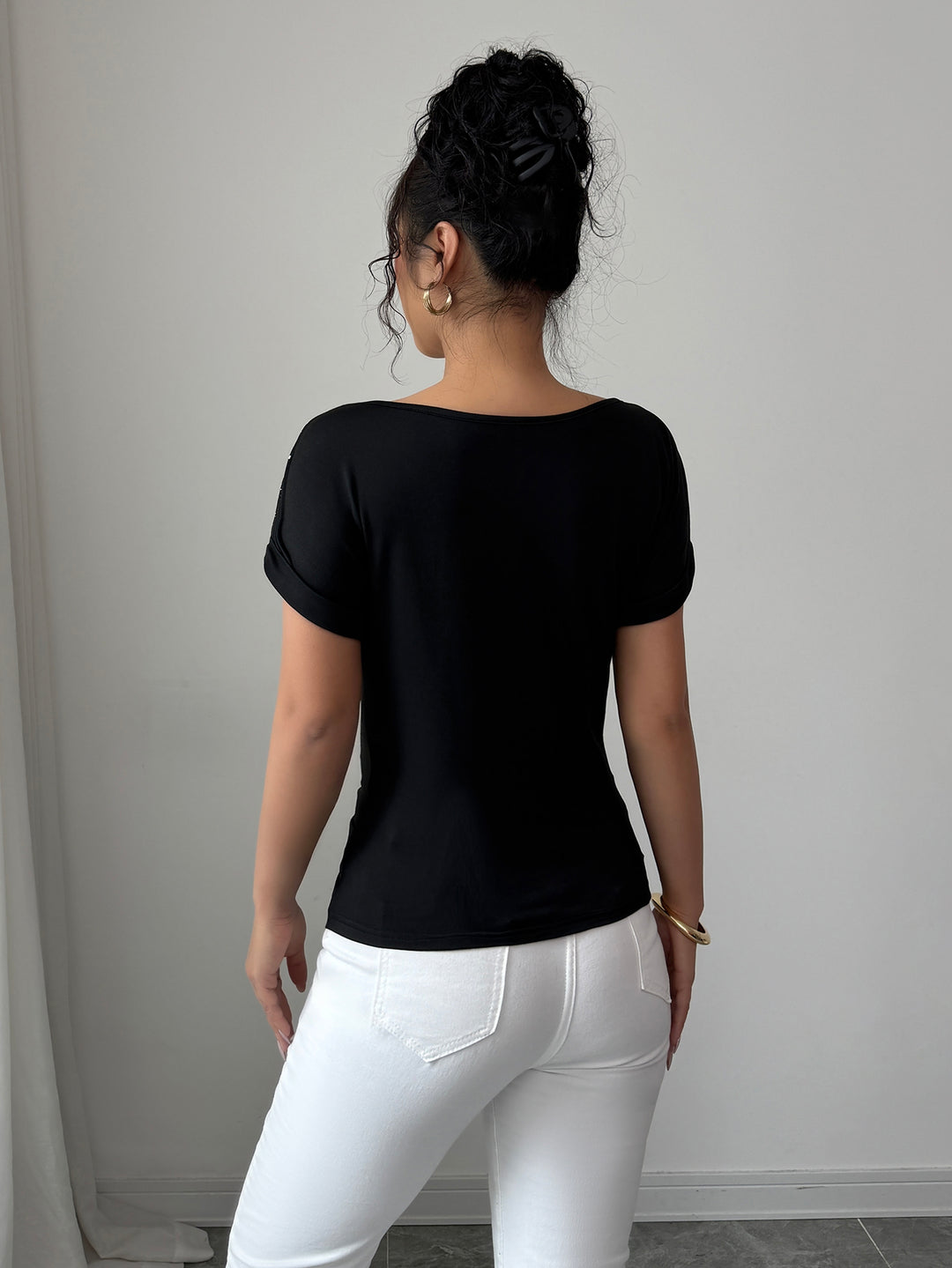 Black Sheer Neck And Sleeves Fitted Top