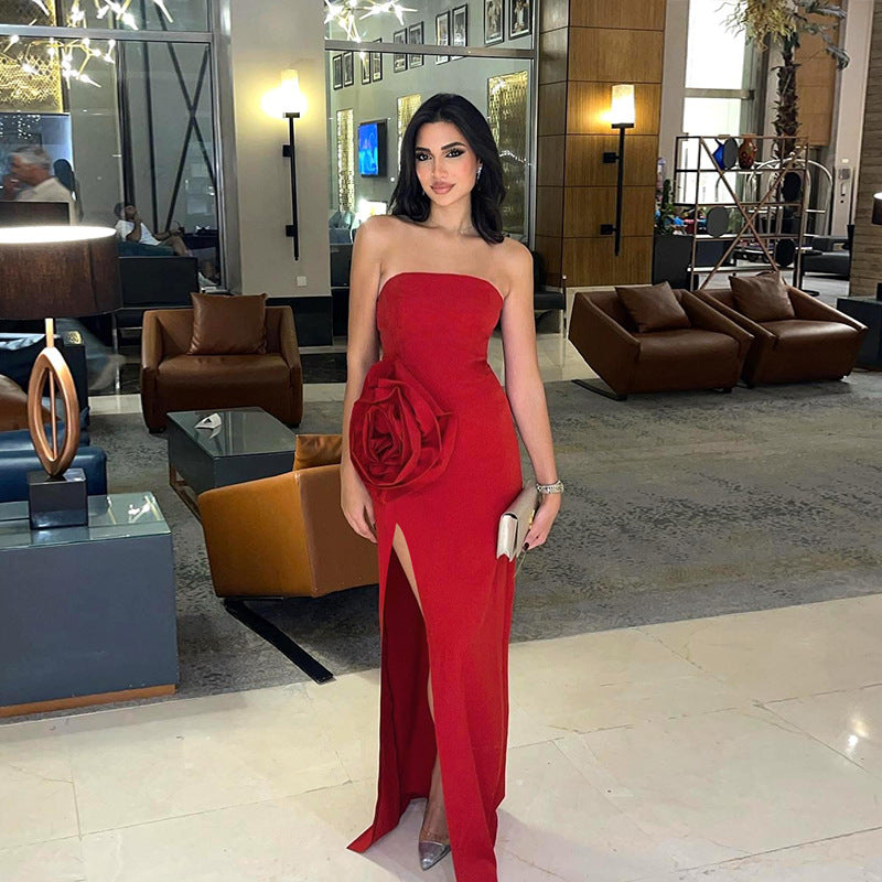 Red Tube Dress With A Rosette Detail