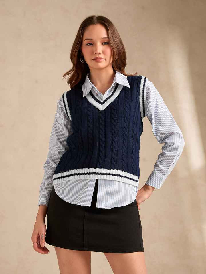 Navy Blue Varsity Contrast Tipping Sweater