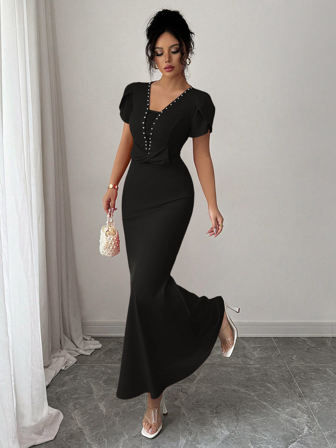 Black Petal Sleeve V-Neck Dress