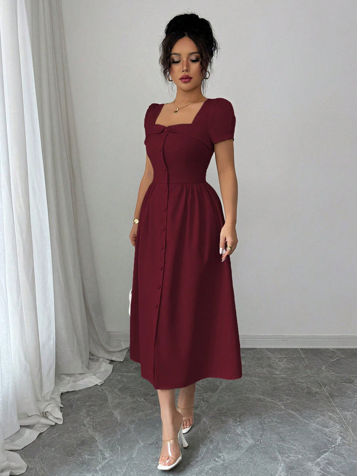 Wine Puff Sleeve Front Button Dress