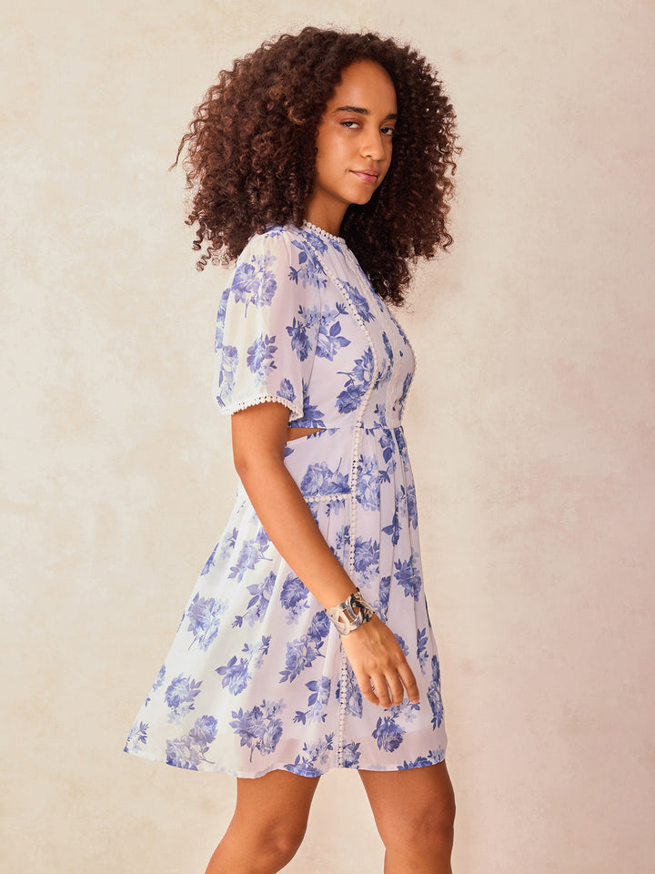 White Mini Fit And Flare Dress With Cut Out Detail