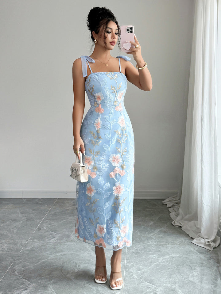 Blue Shoulder Tie Up Embroidered Dress