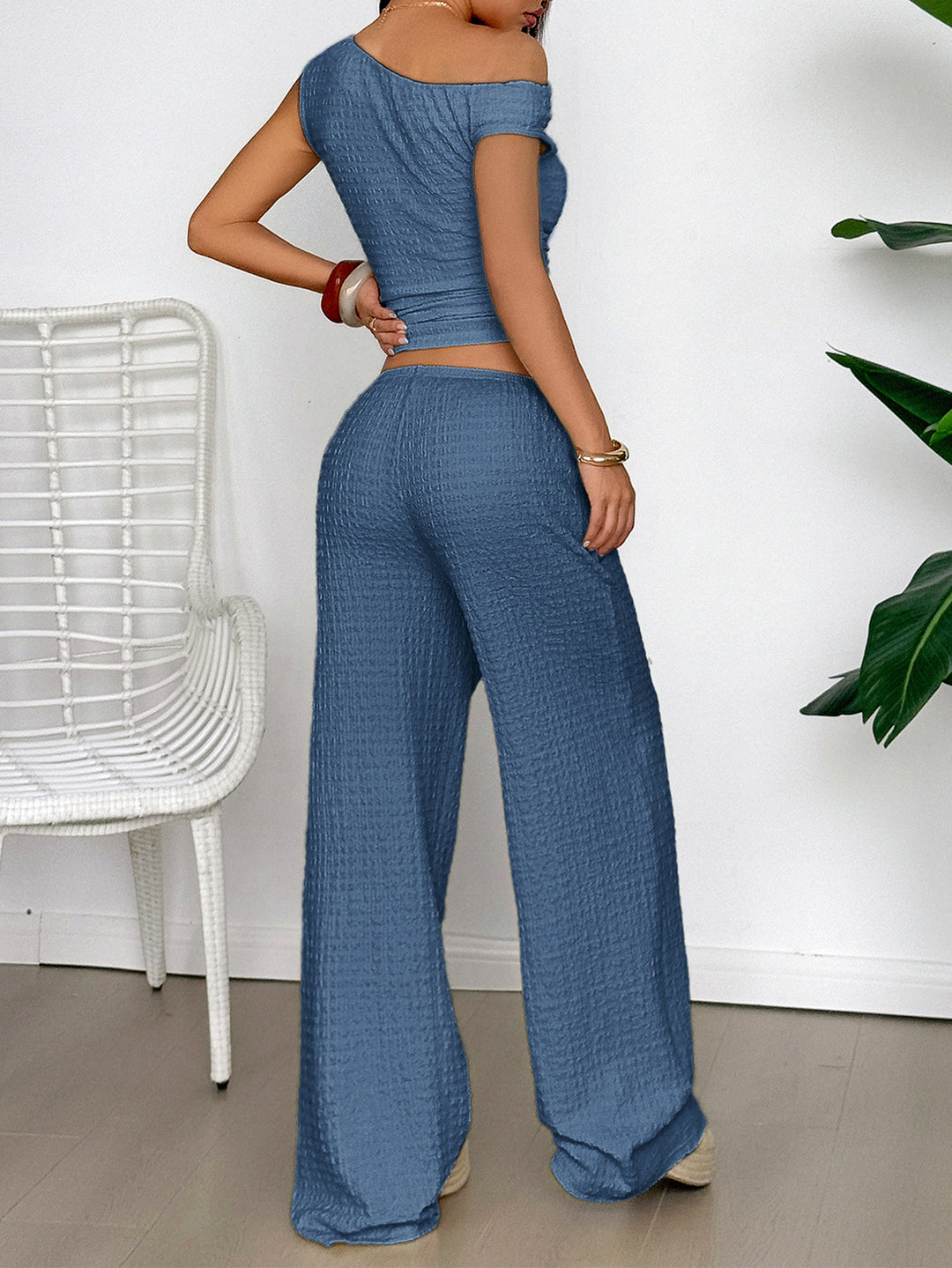 Blue Textured Top And Pants Co-Ord Set