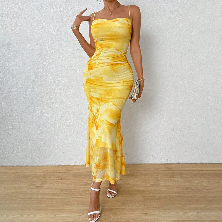 Yellow Printed Shoulder Strap Dress